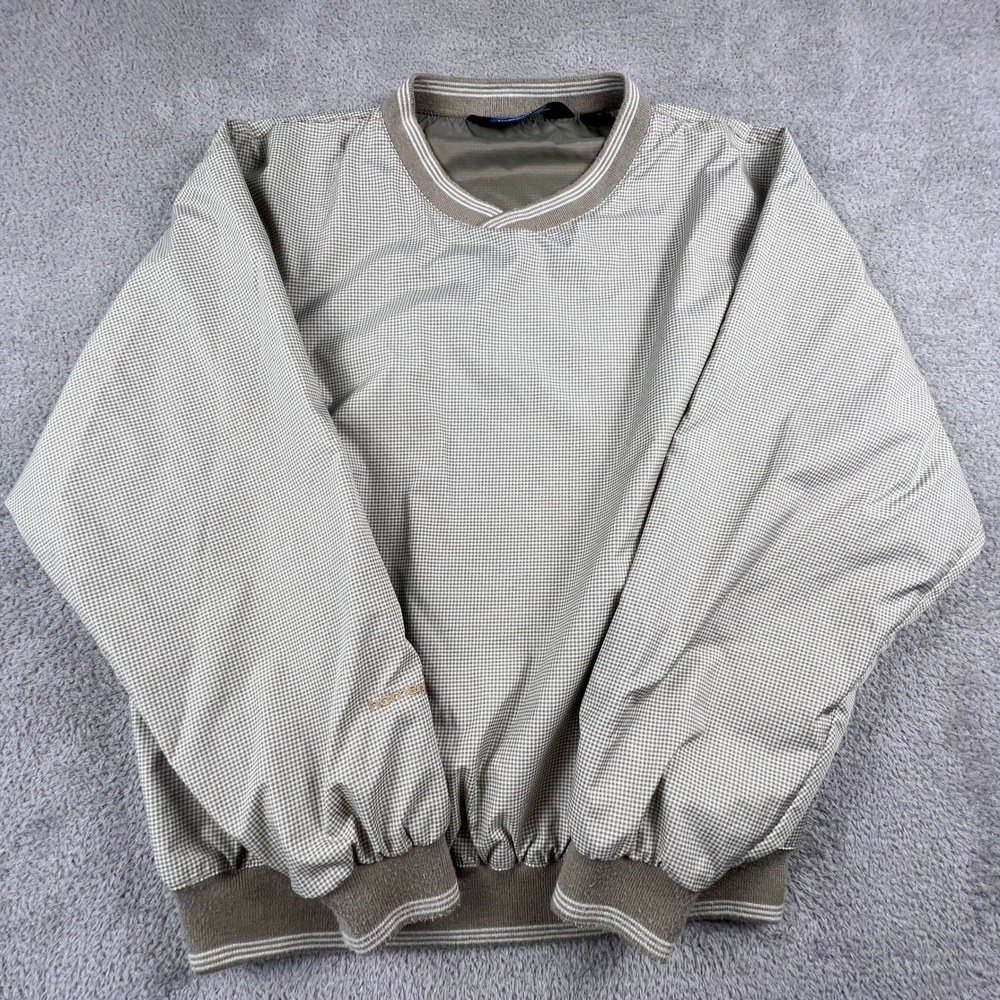 Tri-Mountain Windbreaker Pullover Mens Large Tan Houndstooth V-Neck Golf Jacket‎